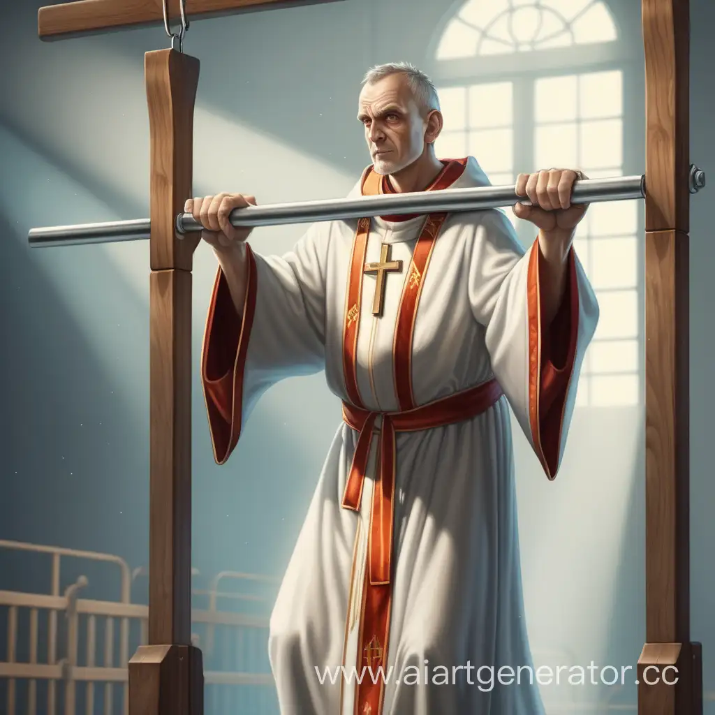 The priest with a golden cross and in a robe with a sporty build does pull-ups on the horizontal bar