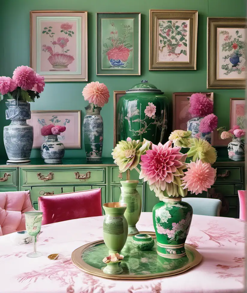 Green chinoiserie wallpaper, a chinoiserie vase off dahlias on table, pink velvet drapery, 