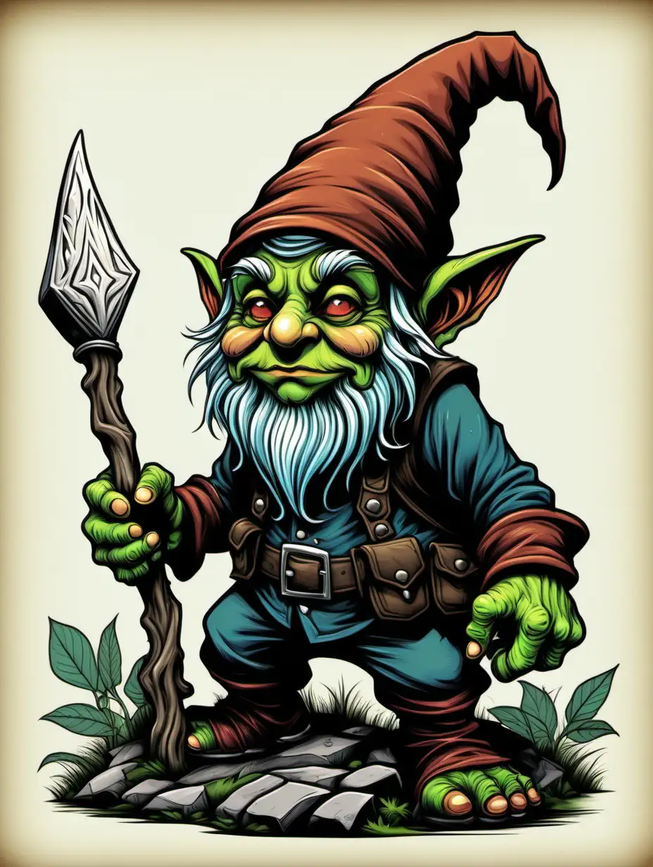illustration page, gnome goblin, dark thick lines, color