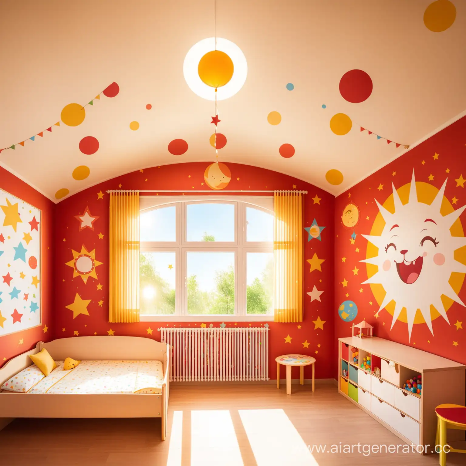 A child's room with circus decorations and drawings of the sun