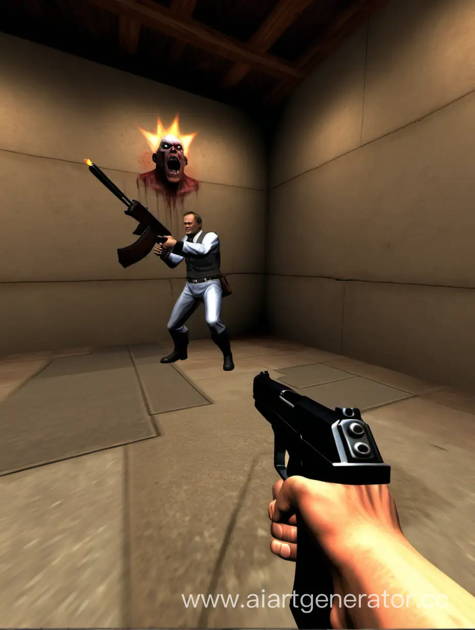 Screen from a computer game where you have to aim and shot Donald Tusk. Image like Quake III Arena - first person holds a gun and aims on Donald Tusk.