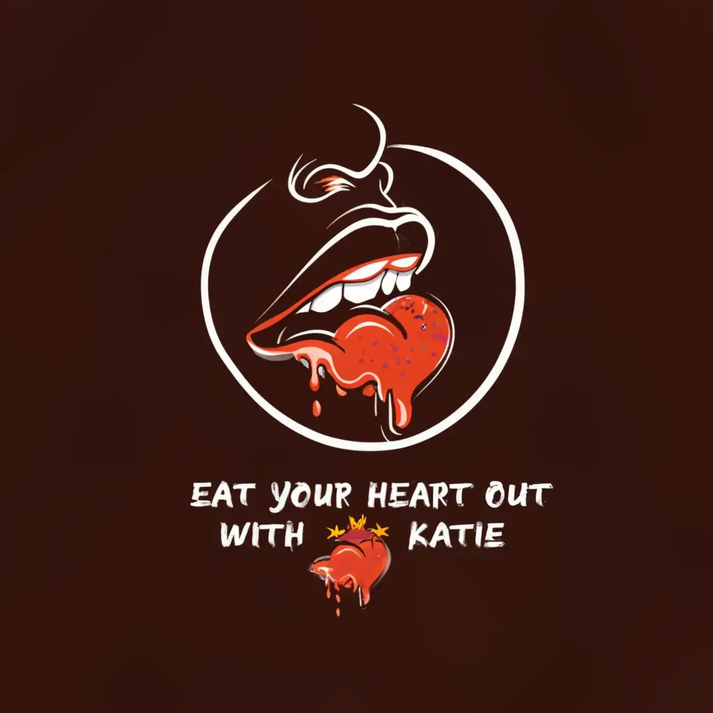 a logo design,with the text "Eat Your Heart Out with Katie", main symbol:profile view of a large mouth woman eating a heart shaped cake,Minimalistic,clear background