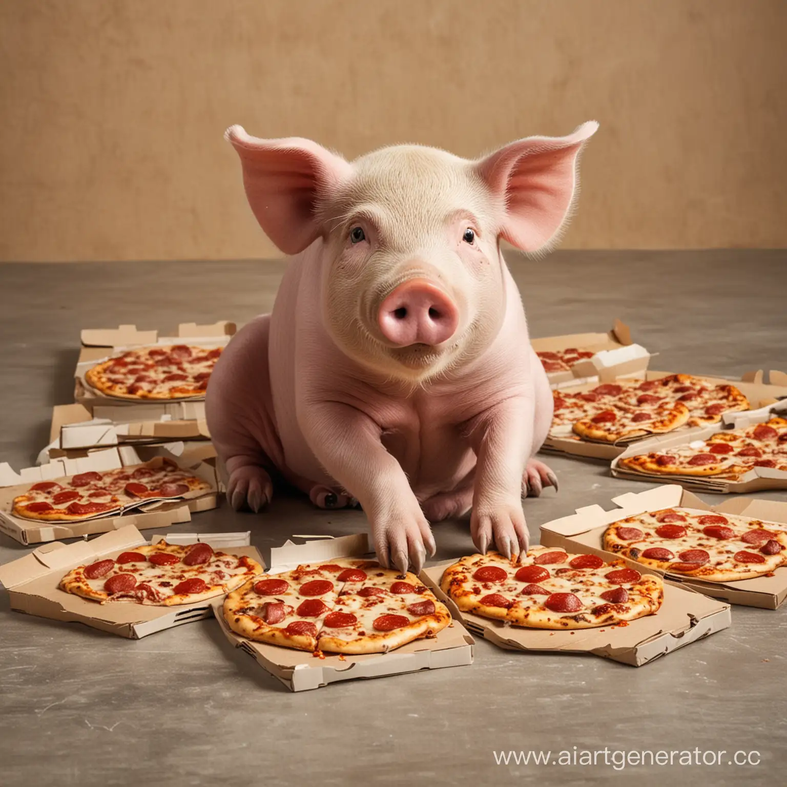 Свинья сидит на полу в руках держит кусок пиццы, 5 коробок из под пиццы лежат вокруг свиньи
