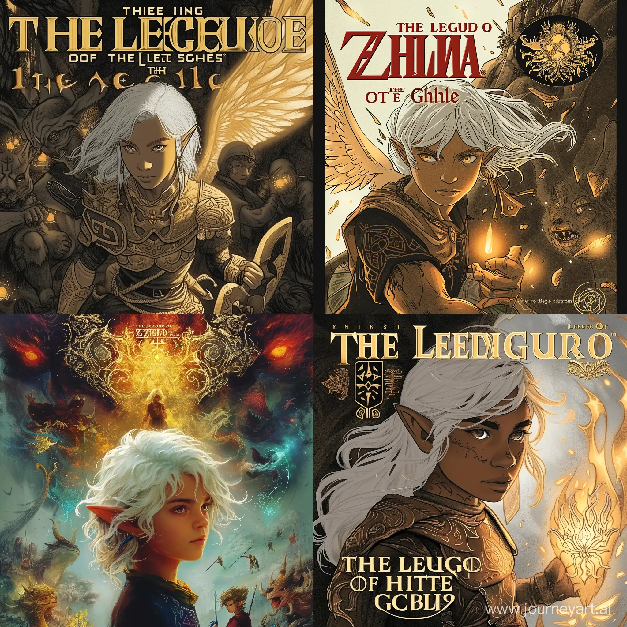 A cover page of a fantasy tale known as "The Legend Of The Light Child", about divine gods, legendary beasts, fantasy creatures, magic runes and a child hero with white hair similar to link from The Legend Of Zelda, who is going to change everything.