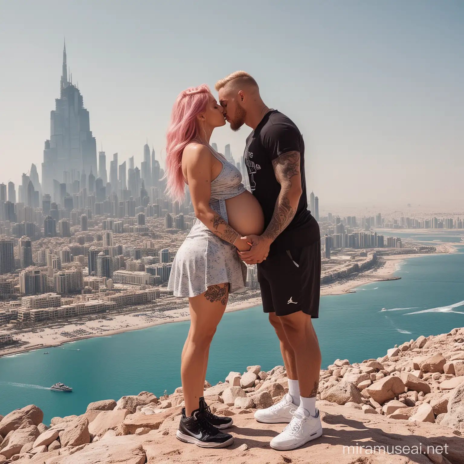 Romantic Kiss of Blonde Pregnant Couple with Scenic Background