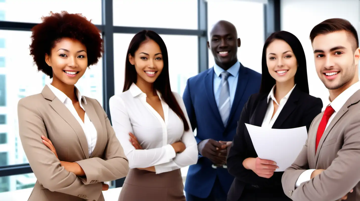 imagine a group of real estate agents with a diverse ethnicities working in a real estate office, realistic