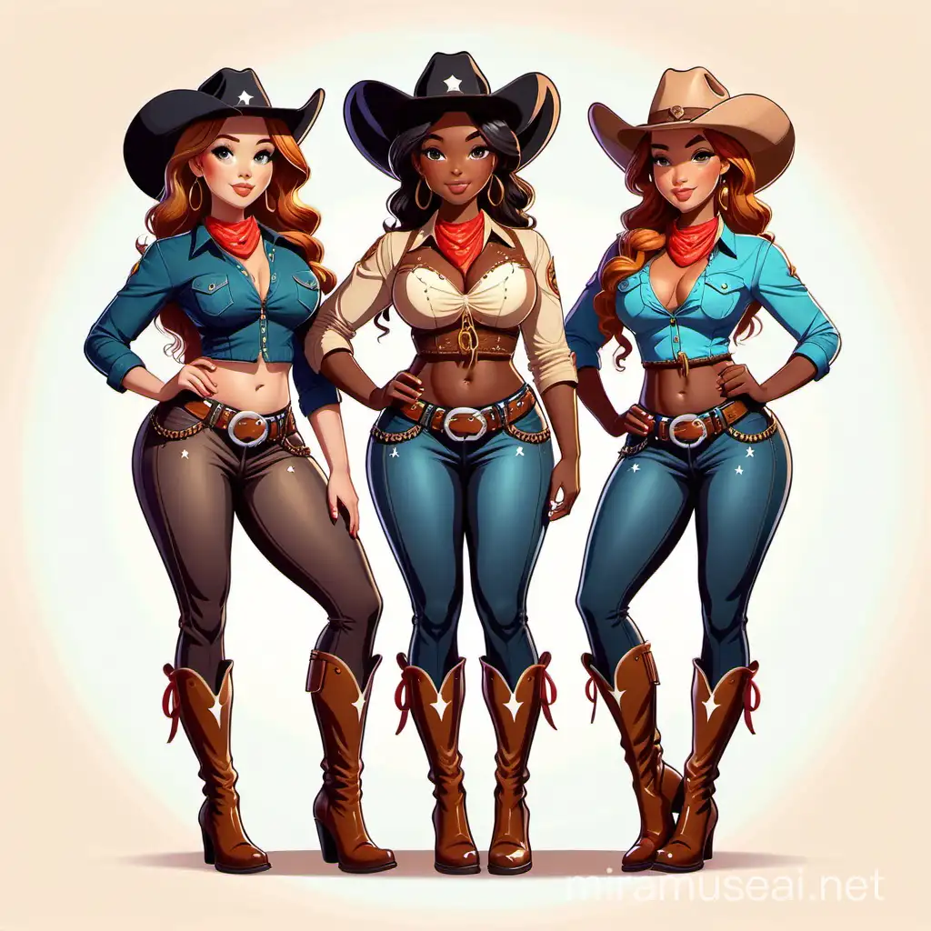 a vector of three Curvy black cowgirls posing for foto 