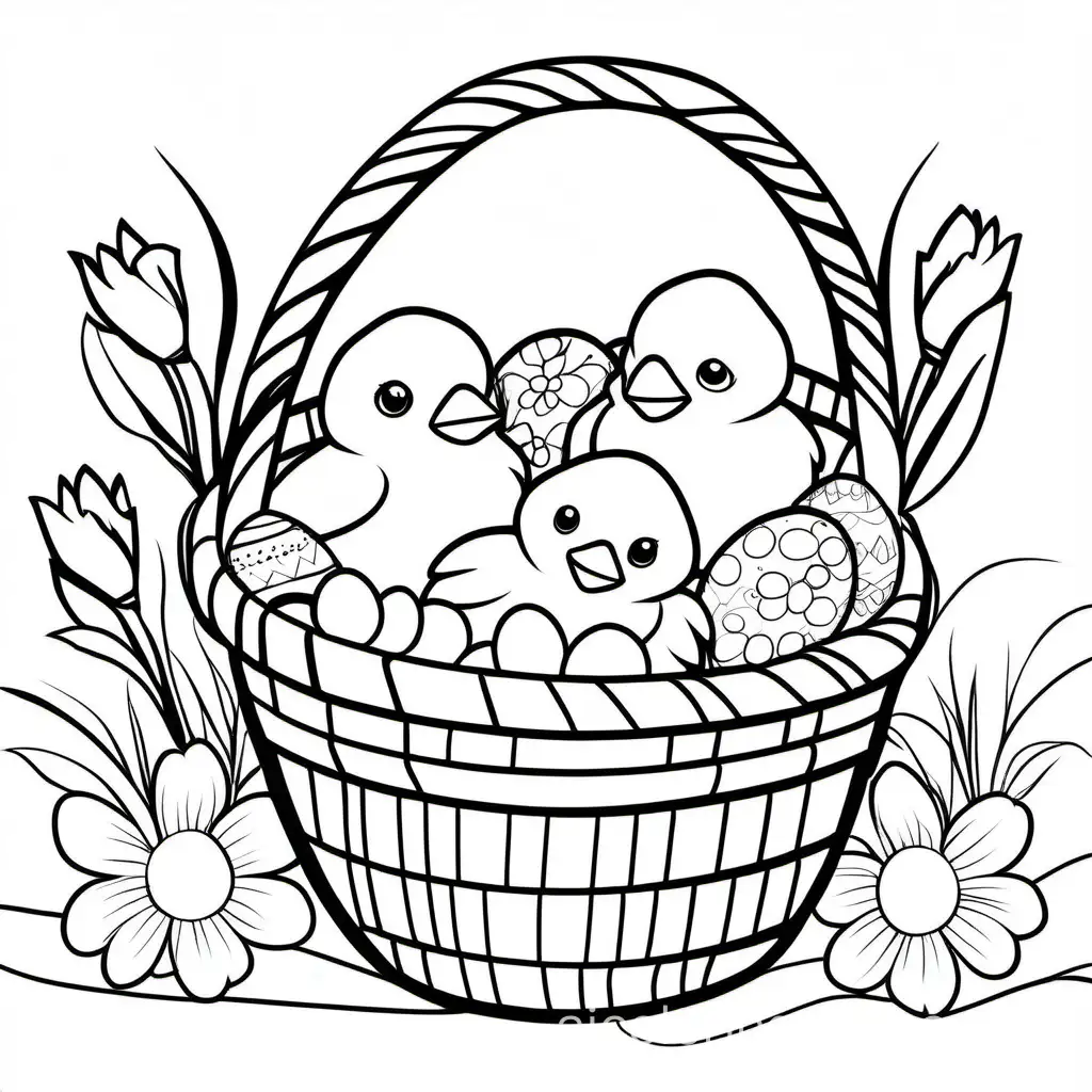 Easter Basket with Flowers and Eggs and baby chicks, Coloring Page, black and white, line art, white background, Simplicity, Ample White Space. The background of the coloring page is plain white to make it easy for young children to color within the lines. The outlines of all the subjects are easy to distinguish, making it simple for kids to color without too much difficulty, Coloring Page, black and white, line art, white background, Simplicity, Ample White Space. The background of the coloring page is plain white to make it easy for young children to color within the lines. The outlines of all the subjects are easy to distinguish, making it simple for kids to color without too much difficulty
