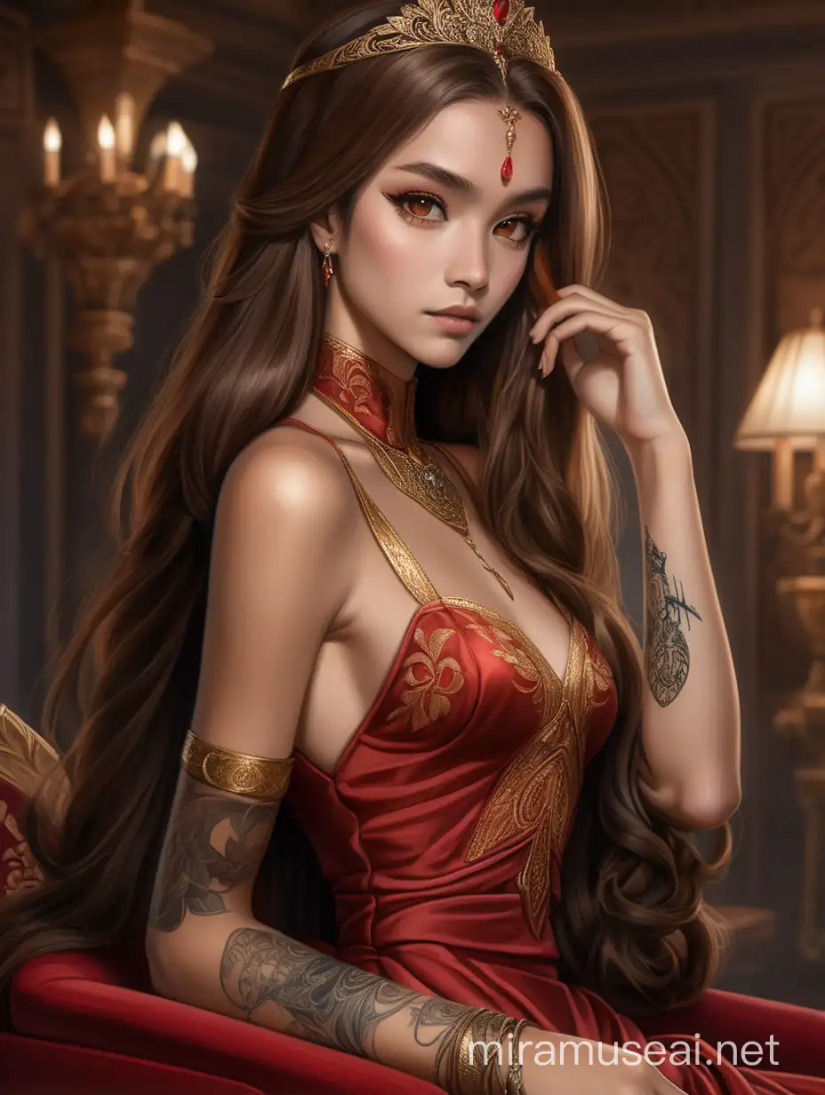 Handmaiden of Queen, red and gold gown, soft brown eyes, long luxurious brown hair, Choco skin, sexy, tattoo on wrist, extremely attractive 