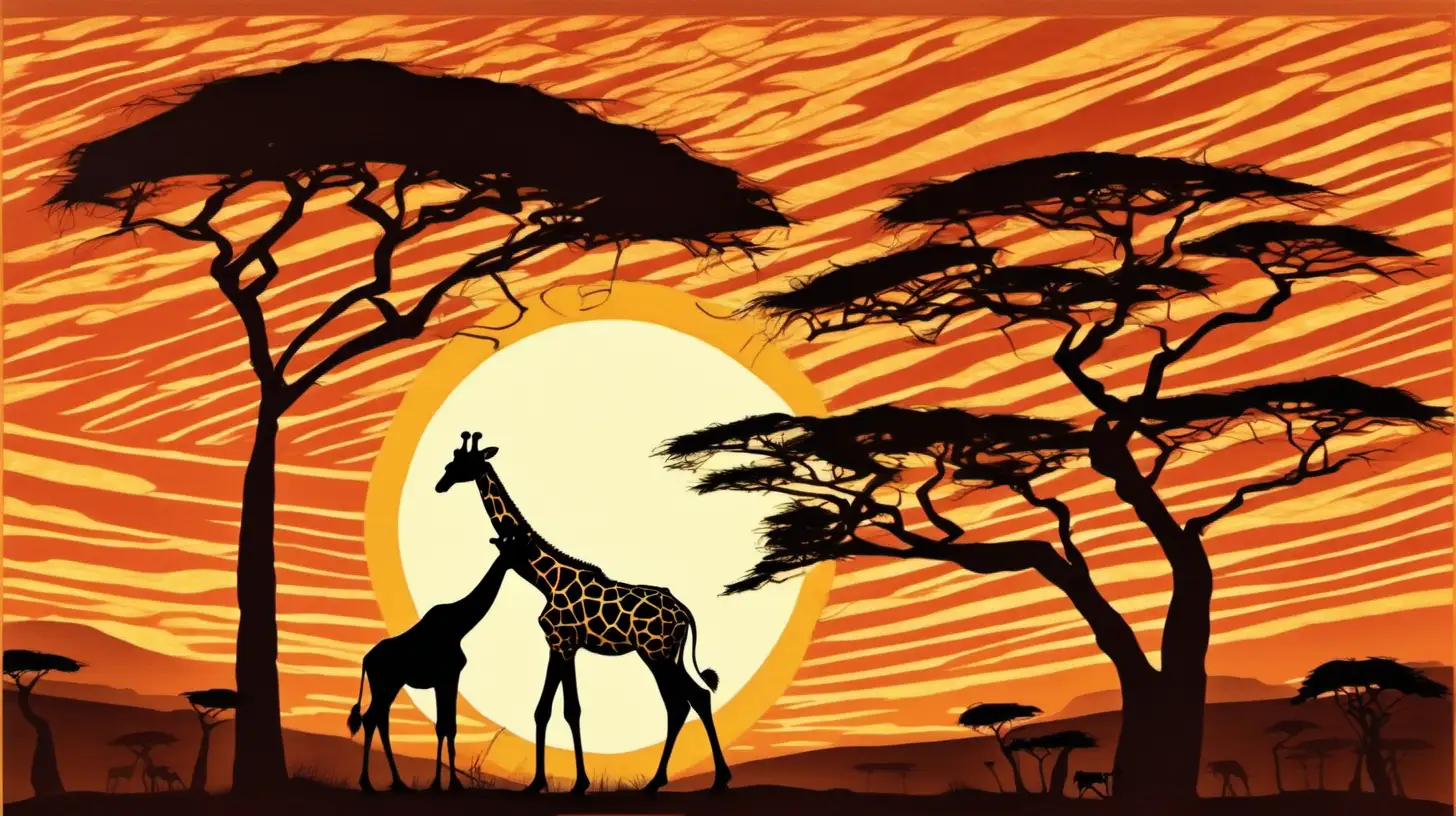 Puesta de Sol en Africa, con Sol muy grande, una jirafa con su cría, con el estilo de Seymour Chwast