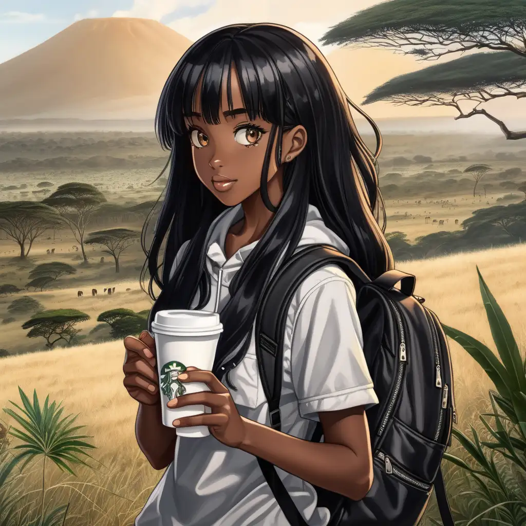 black anime girl with a coffee in her hand and long black hair with her backpack and discovering the wild side of Kenia Africa