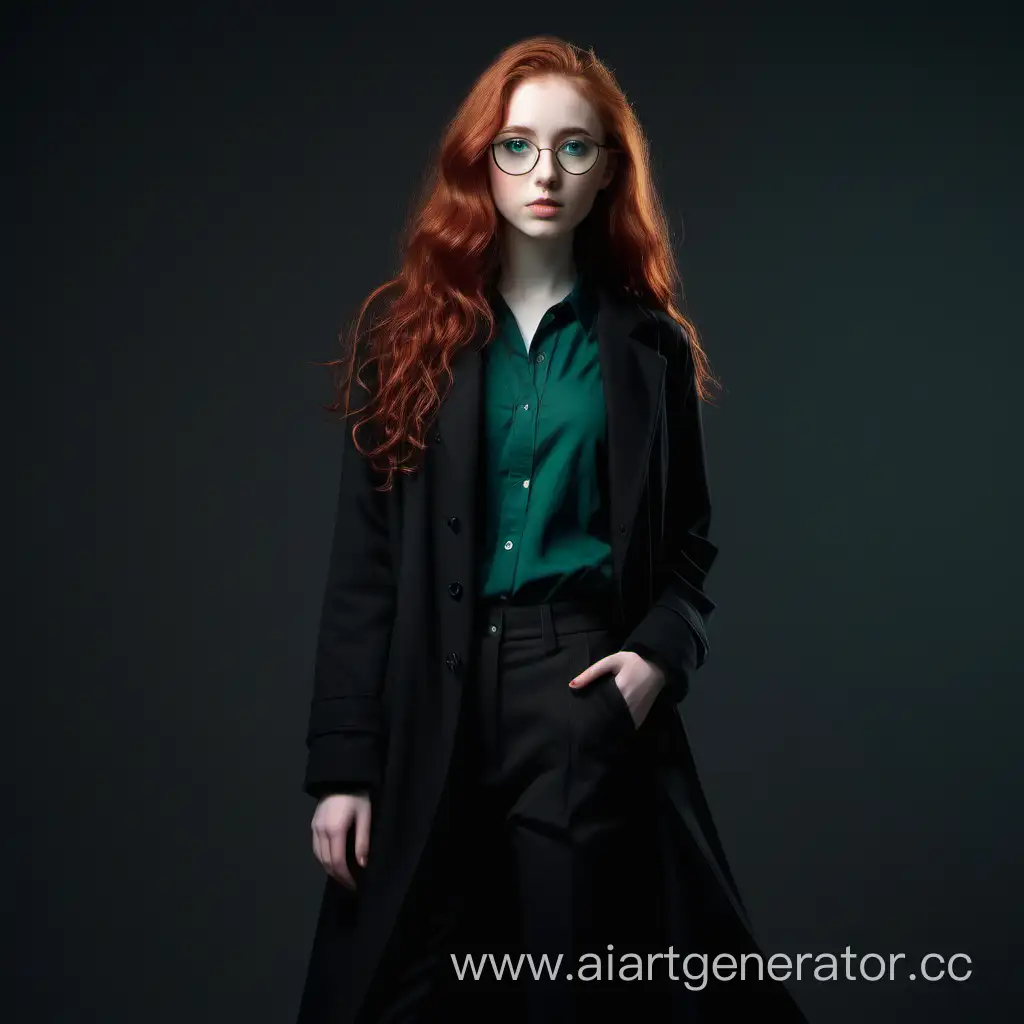 Mysterious-RedHaired-Girl-in-Stylish-Black-Ensemble-on-Black-Background