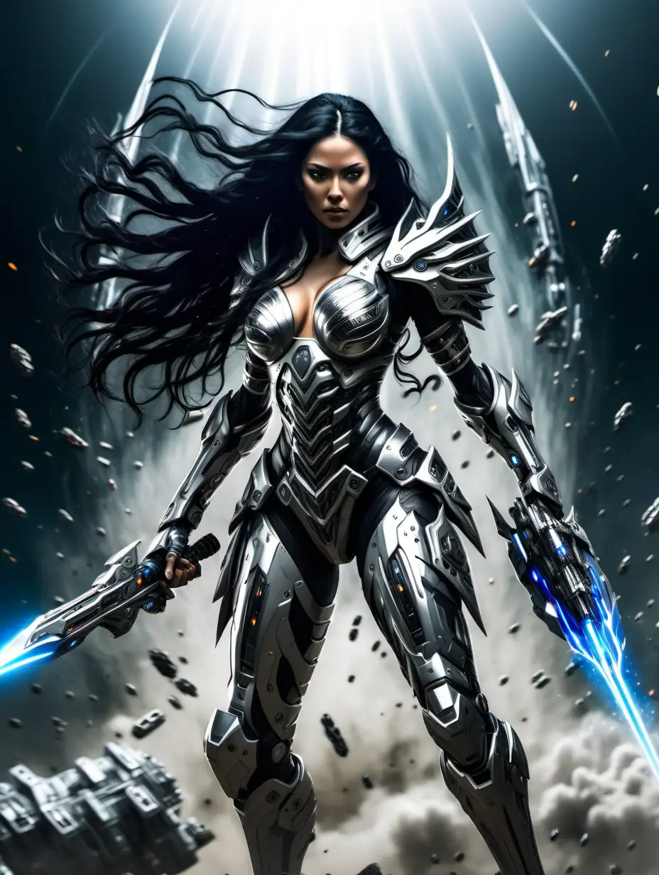 Latina Queen Warrior with Cybernetic Armor and Wind Elemental