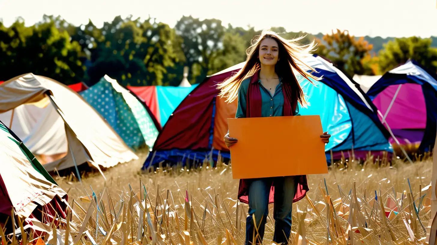 /imagine prompt: A young adult female standing in a sunlit field, vibrant tents of various colors dotting the background. She holds a blank cardboard sign, with a gentle breeze suggesting movement in her hair and the tent fabrics. Created Using: daylight setting, vibrant colors, field backdrop, gentle breeze, movement, casual attire, clear sky --ar 16:9 --v 6.0