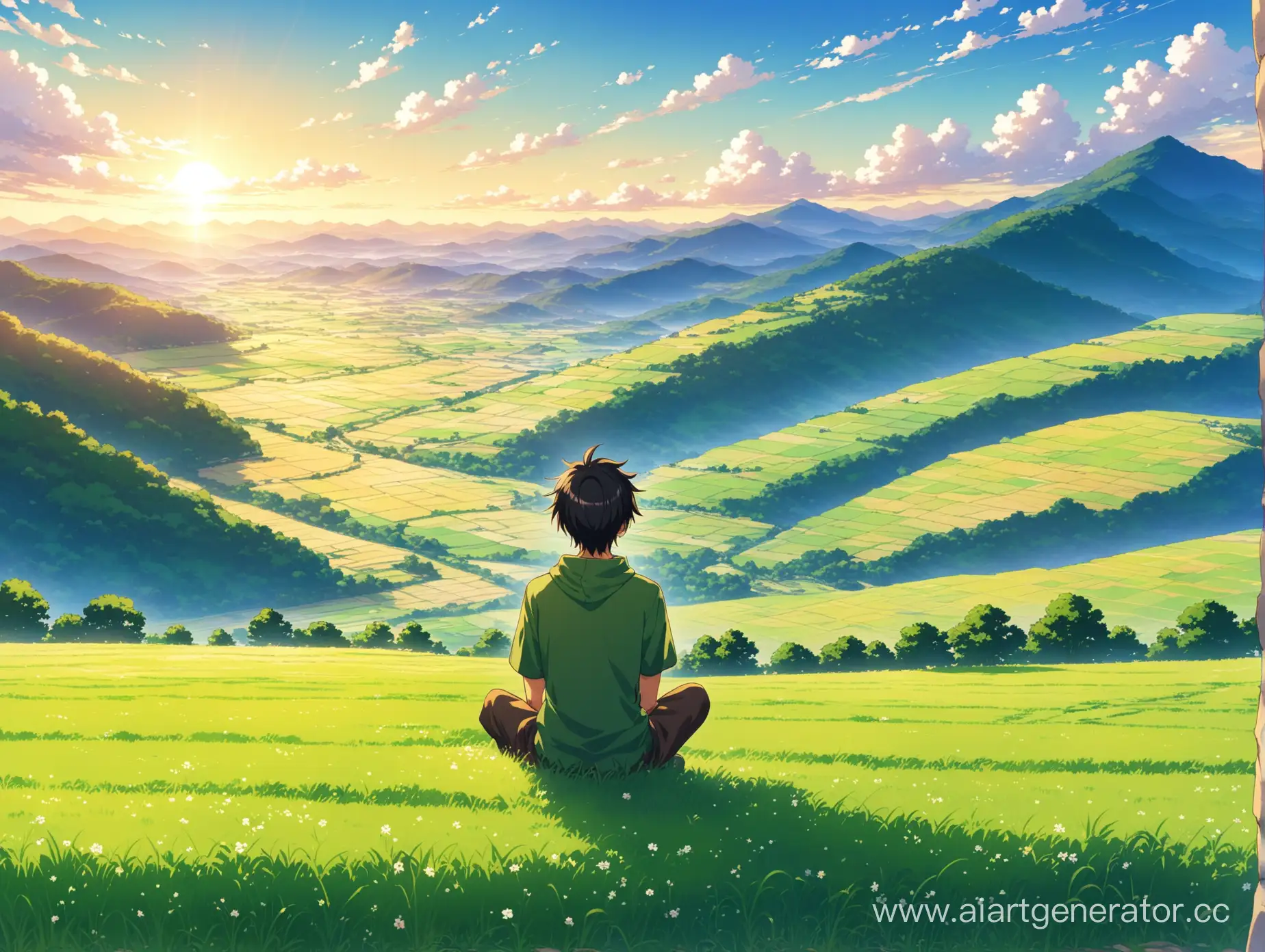 Простой аниме парень любуется видами полей сидя на горе 