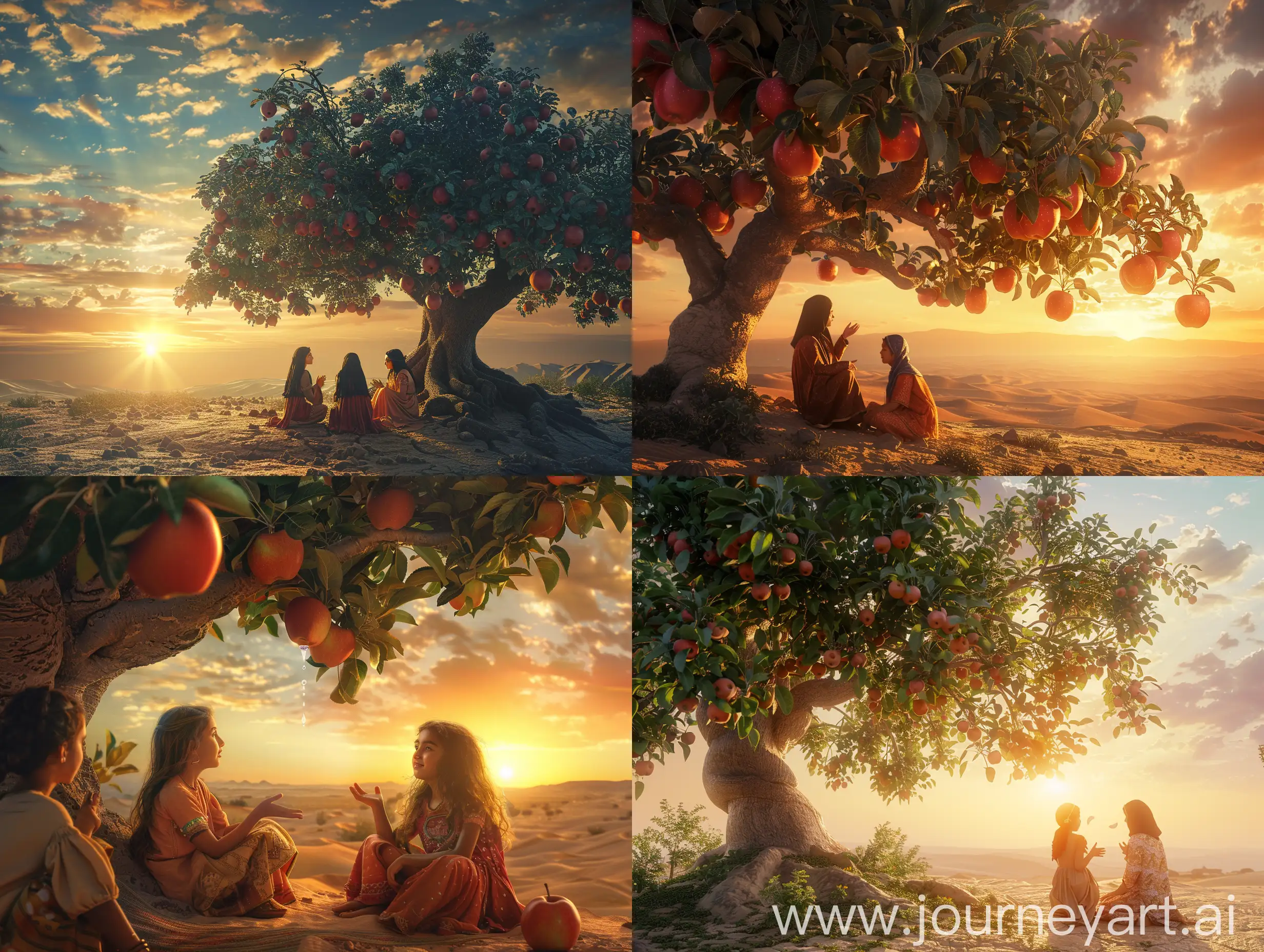 A young Persian girl is talking with her friends under a giant apple tree while looking at the sky and the setting sun. in an ancient civilization, in a desert, cinematic, epic realism,8K, highly detailed, bird's eye view, backlit, glamour lighting