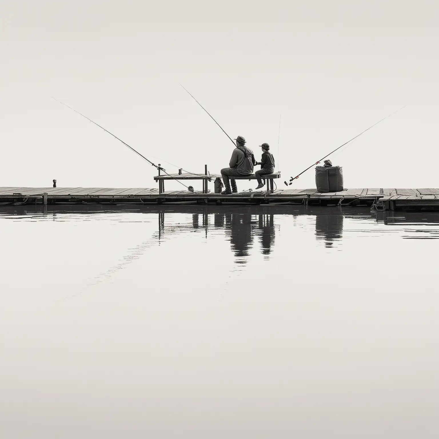 SVG of father and child sitting on a dock
while fishing, simplistic, plain white background, minimalistic, no background imagery, one fishing rod for each character
