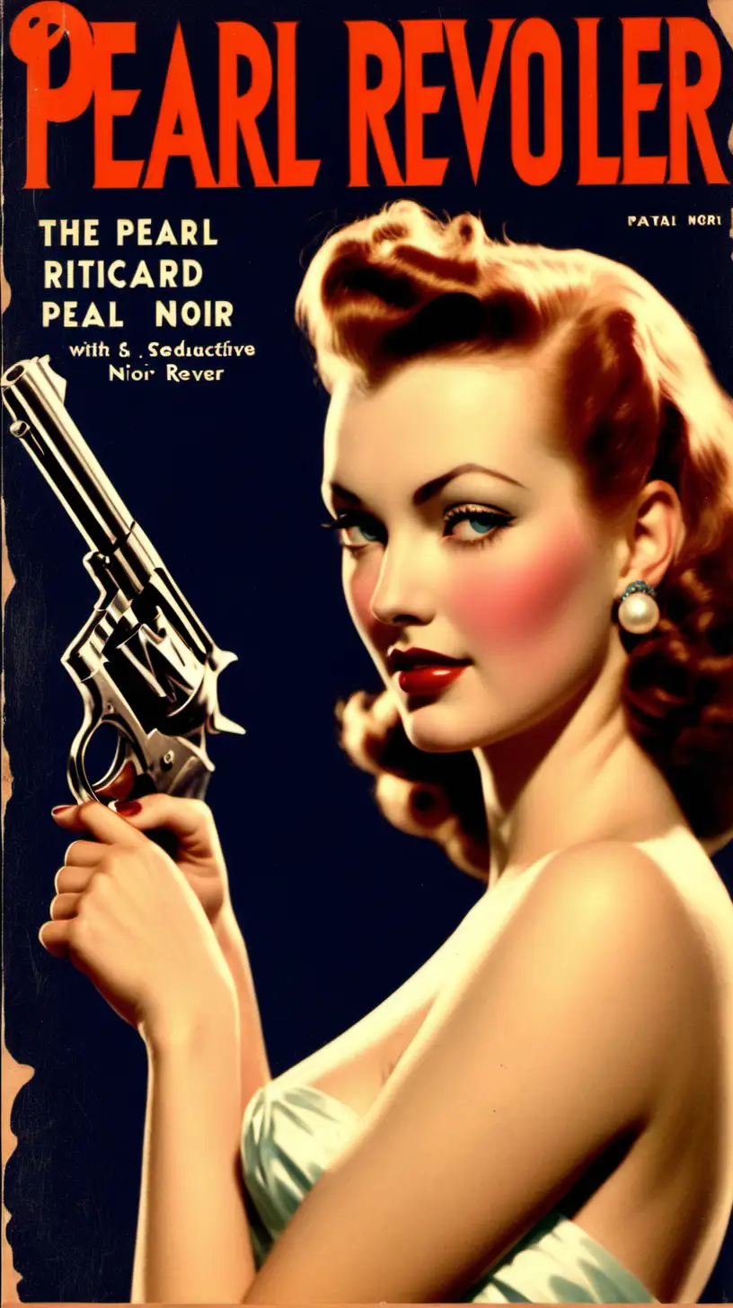 design for exploitation pulp paperback of the 1940s, with femme fatale and sensual noir feel, title is : “The Pearl Revolver” , seductive style, patina slightly worn