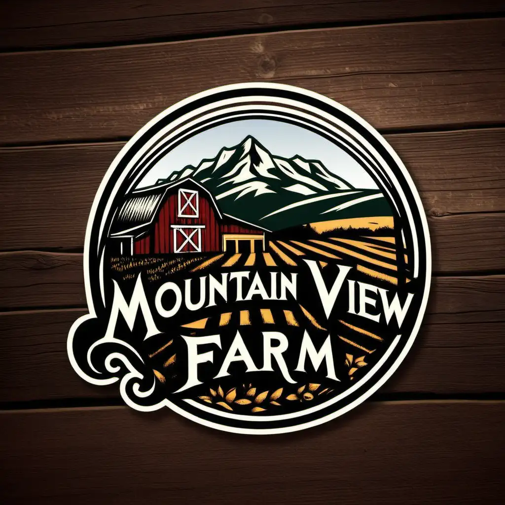 Scenic Mountain View Farm Logo with Lush Pastures and Majestic Peaks