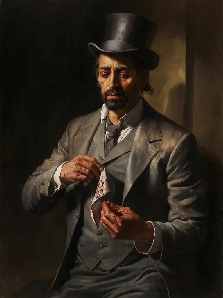 Detailed oil painting of a business fakir, pulling out a bloody handkerchief, inspired by the works of Rosa Bonheur, realistic brush strokes, dark and moody lighting, intricate details in the clothing and expression on the face. 
