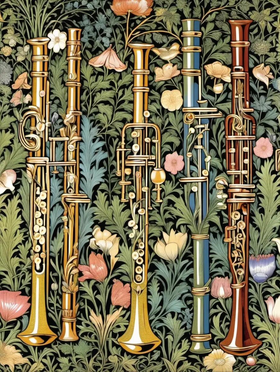 Forest Flute Ensemble amid William Morris Floral Patterns in Spring Hues