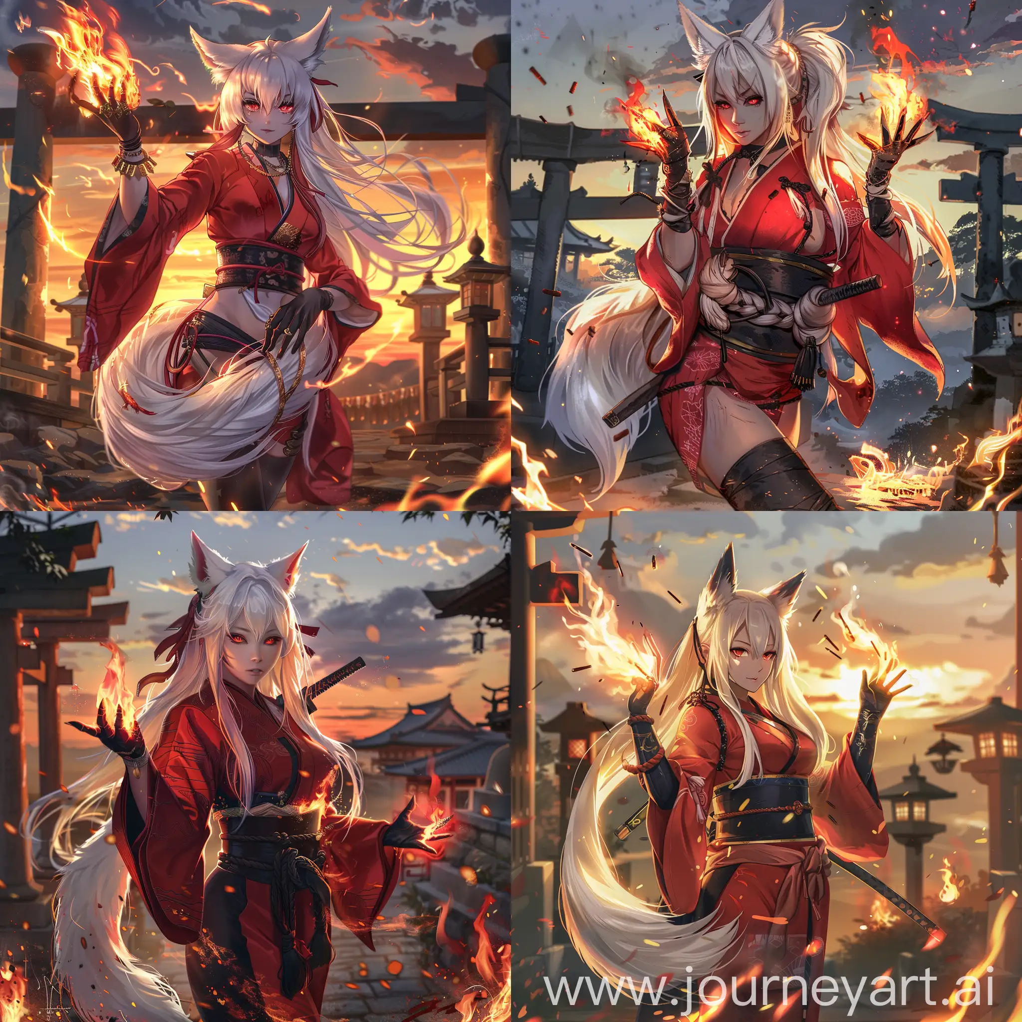 anime-style, full body, athletic, beautiful, tan skin, asian woman, long white hair, white fox ears, white fox tail attached to her waist, fiery red eyes, wearing a red kimono, black hakama, black sash, long black gloves, black leather boots, casting fire magic, hands wrapped in fire,  good anatomy, dynamic, embers falling in foreground, shinto shrine, sunset