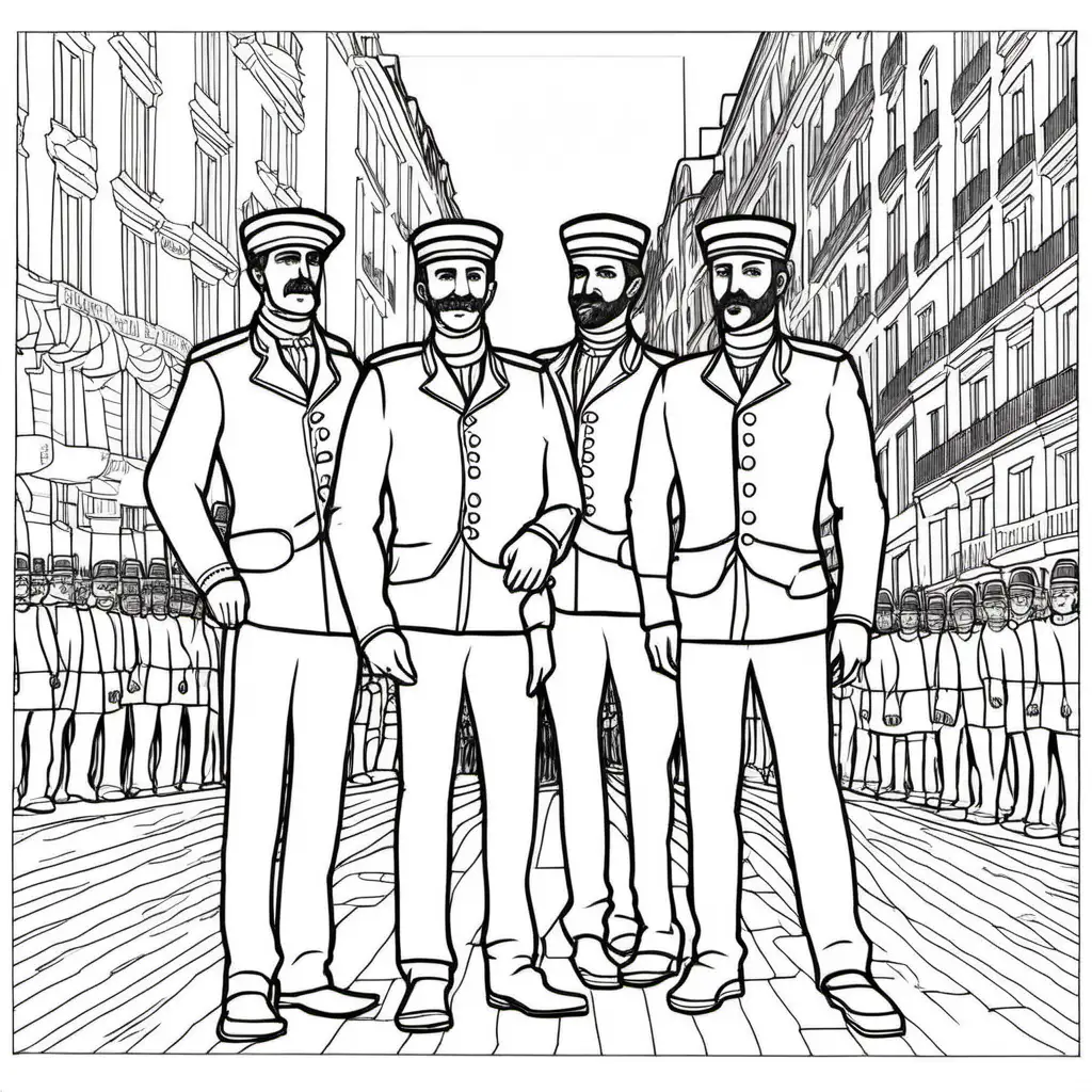 Colorful Bastille Day Parade Coloring Page for Adults Three Men Celebrating