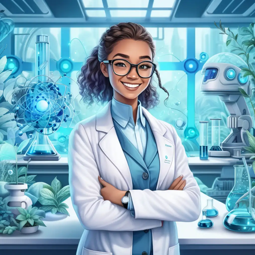 create an avatar design woman happy, and smile scientist with white coat in front of a futuristic laboratory with garden and themes with blue tones 
