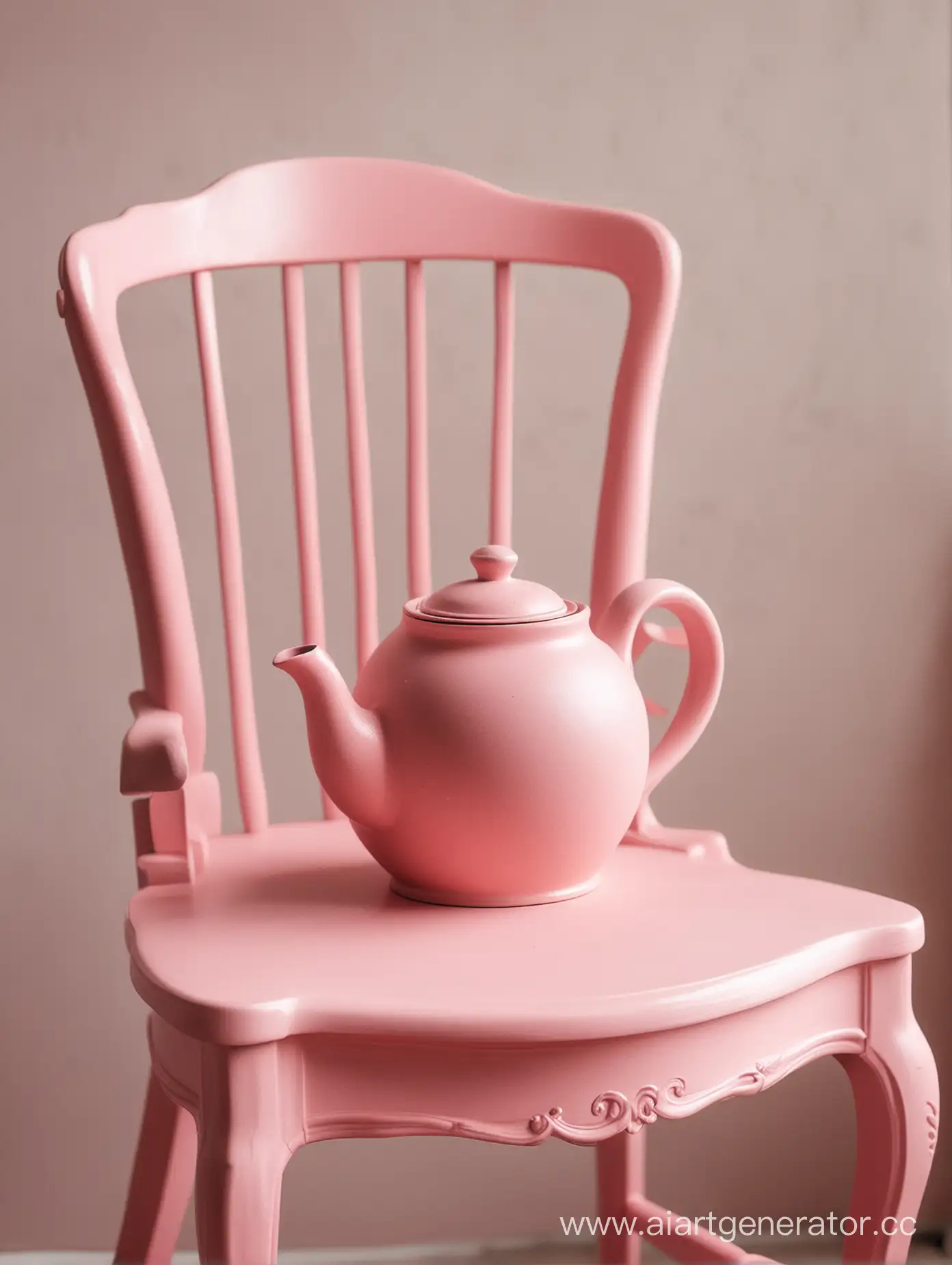 a beautiful wooden teapot on a pink chair