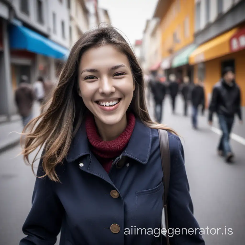 woman smiles while walking in the street, Rea,istic, photo