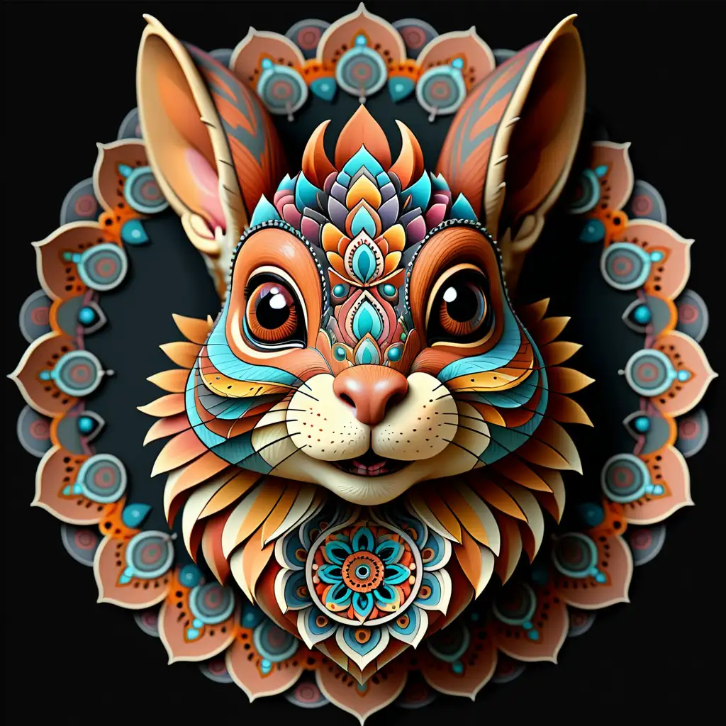 Colored page with a very detailed and very defined 3d mandala with a squirell head on a black background