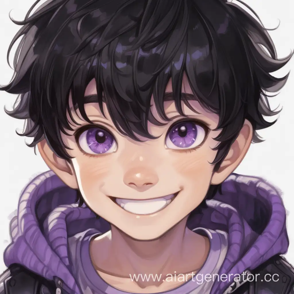 A young boy, short messy black hair, light purple eyes, smiling