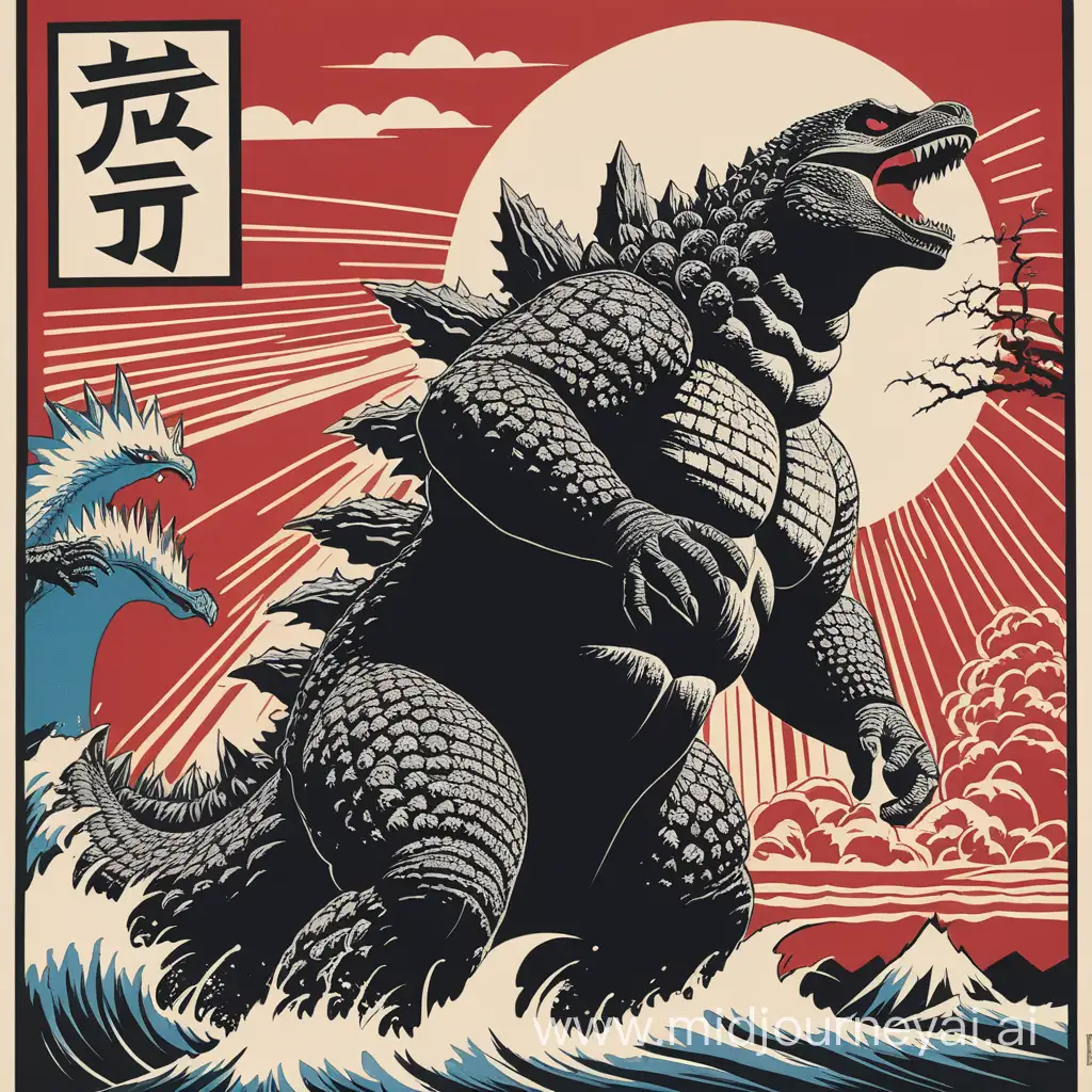 Japanese wall art of Godzilla