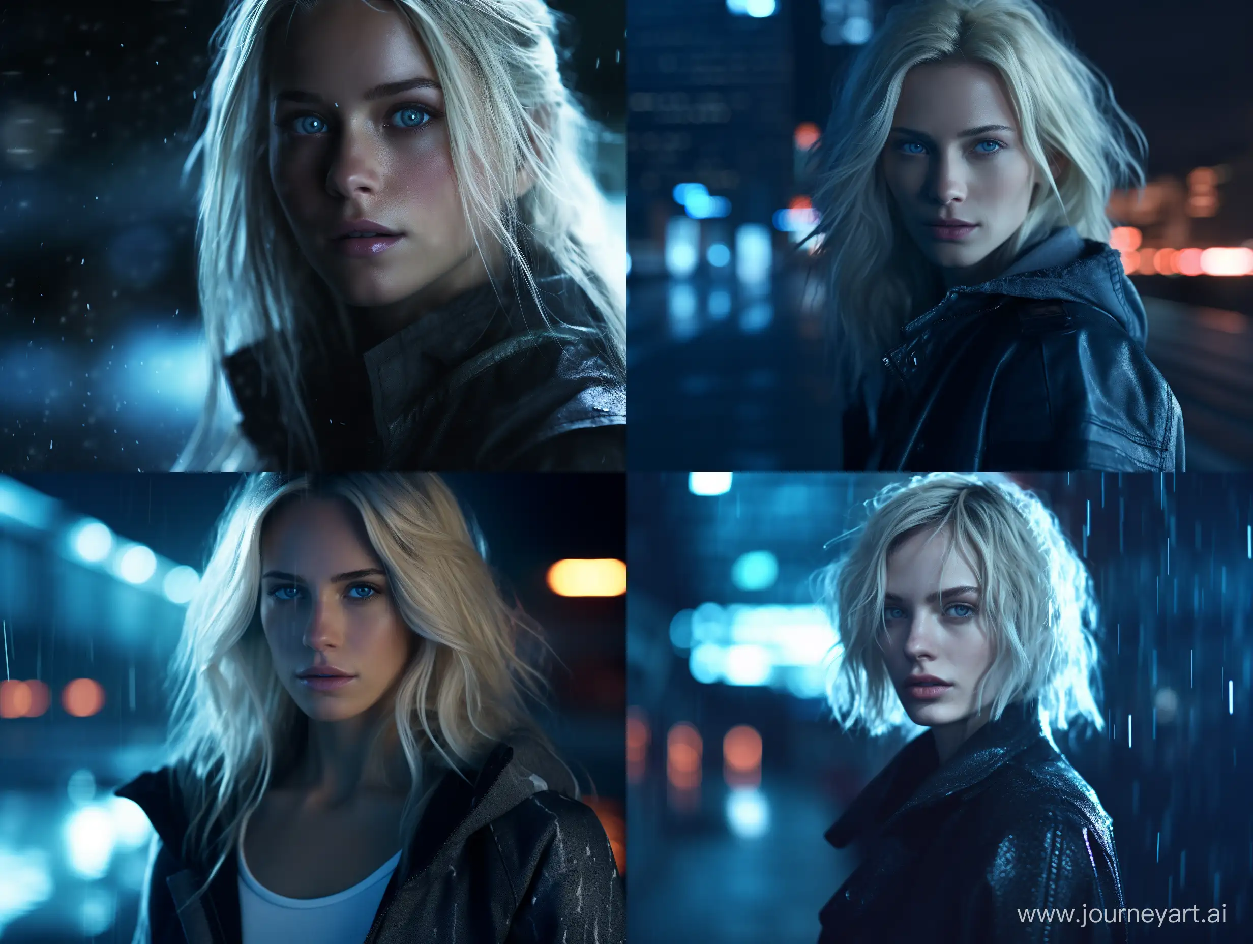 generate a photoreal sciene fiction matte painting scene still of a white female, white hair, blue eyes, natural lighting, 35mm lens, low ISO, f/8 aperture. detailed, close up view, grainy film look, dystopian, sci fi inspired, rainy night time setting, pefect color scheme, realistic visuals, the image is in landscape mode, high quailty textured skin, octane render,