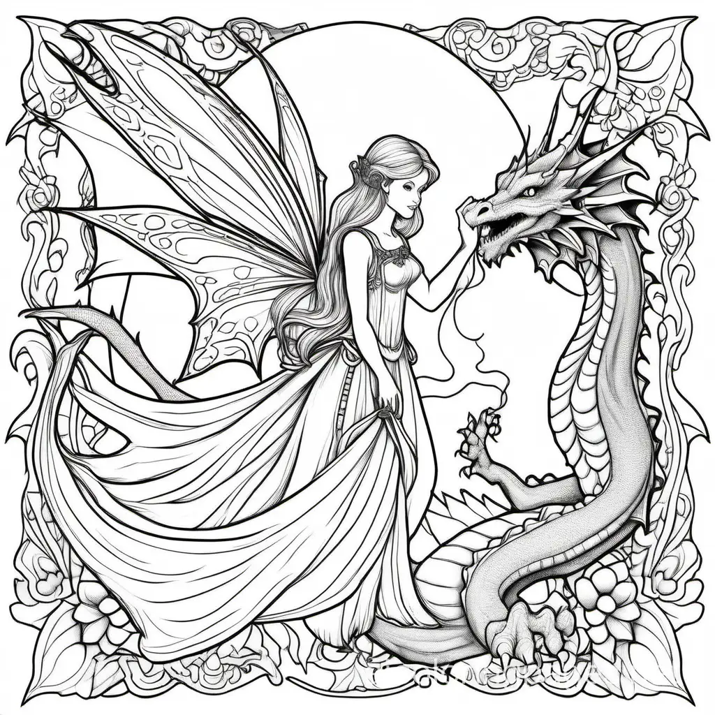 fairy with dragon adult coloring pages
, Coloring Page, black and white, line art, white background, Simplicity, Ample White Space. The background of the coloring page is plain white to make it easy for young children to color within the lines. The outlines of all the subjects are easy to distinguish, making it simple for kids to color without too much difficulty