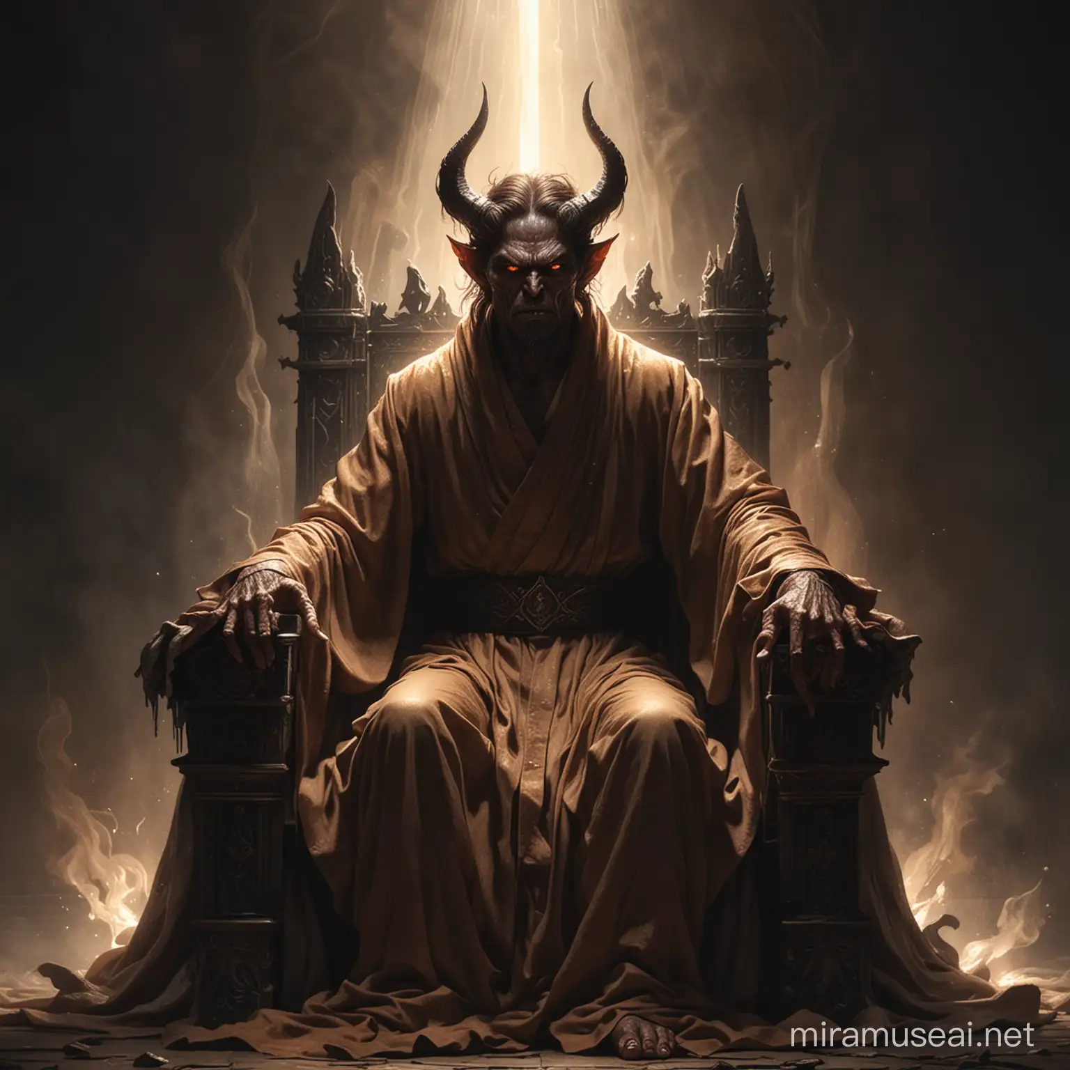 illustration of a demon with a brown pastel robe, sitting on a throne, in a dark place, then there is a leak of light leading to his eyes, trying to cover the glare of the light with his hands