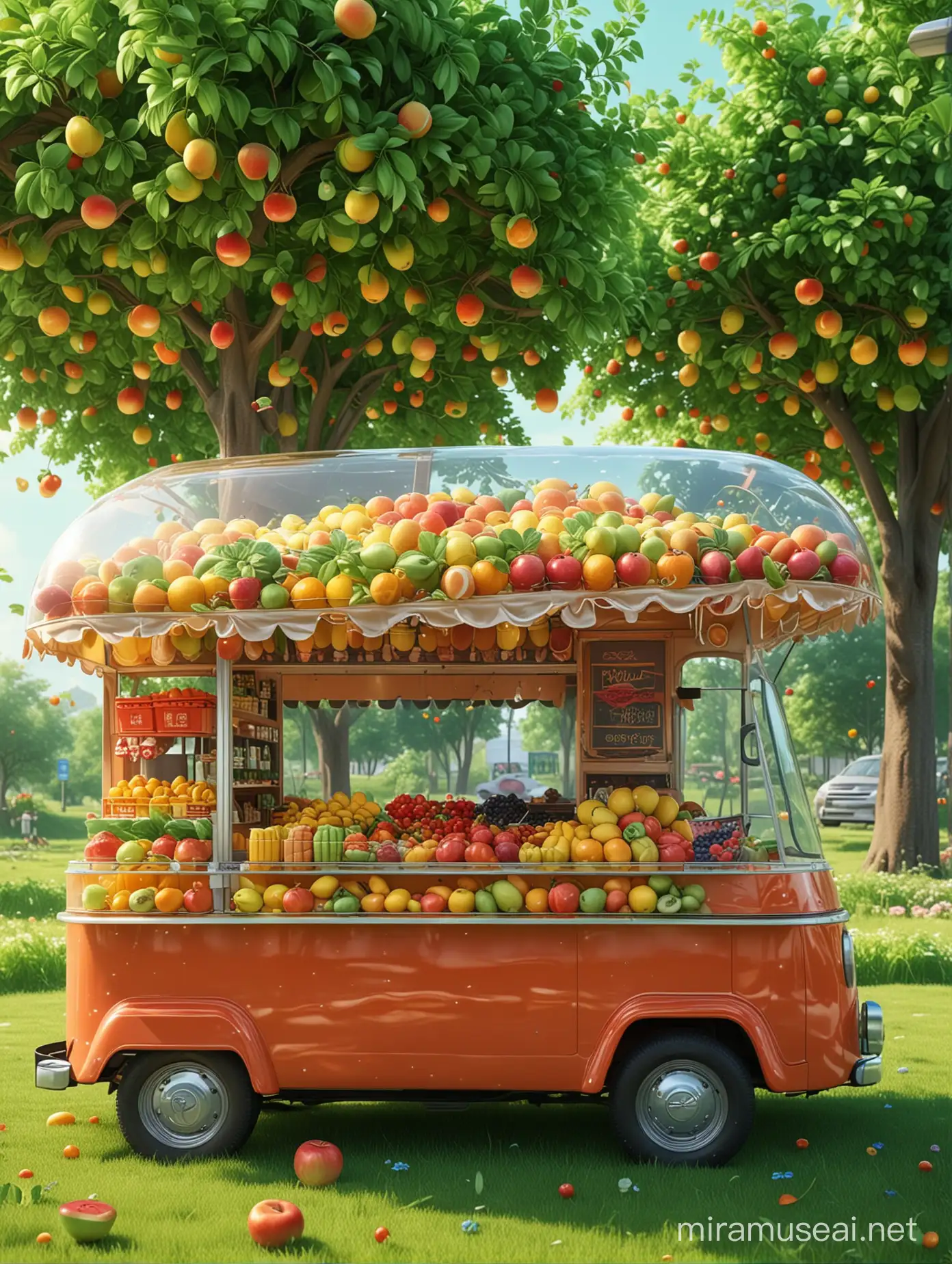 Vibrant Summer Fruit Market Trailers and Vehicles Adorned with Fresh Goods