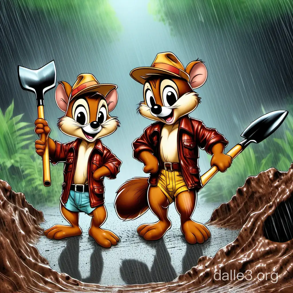 Чип и Дейл копают лопатами окоп в дождь, ещё глубже. Их двое. Один в гавайской рубашке. Второй в кожаной куртке со шляпой