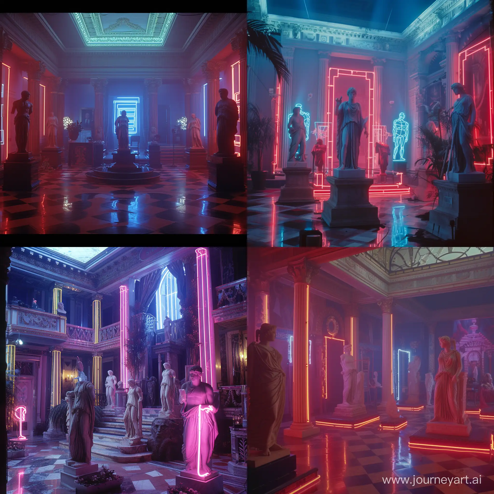 Cinematic scene from a John Carpenter film from the 1980s showing a millionaire's house with ancient Greek style and decoration, with statues, neon lights