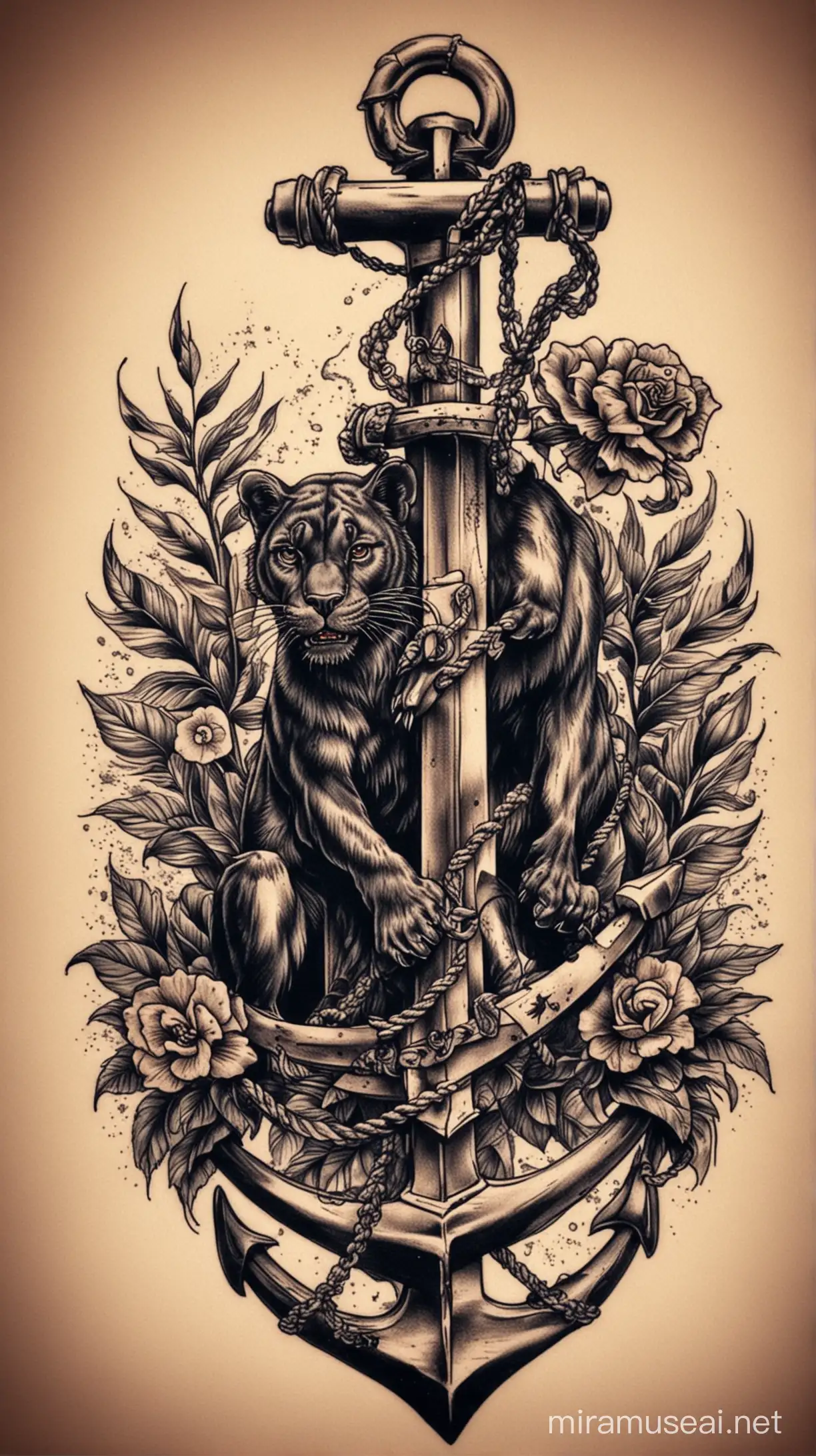 Old School Tattoo Panther Crawling on Anchor Artwork