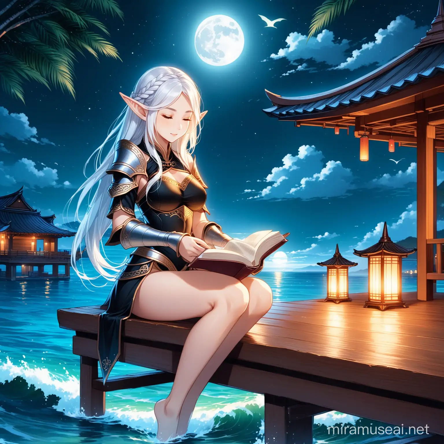 Create an image of a fantasy scene with an elf woman sitting at night on a wooden bench in a gazebo by the sea. The elf has long white hair braided on one side, pointed ears, and is wearing sexy black leather open fantasy armor. She's reading a book. The full and bright moon illuminates the sea and the traditional Asian-style wooden houses in the background. The sea is calm, with soft waves, and the atmosphere is serene and mysterious
