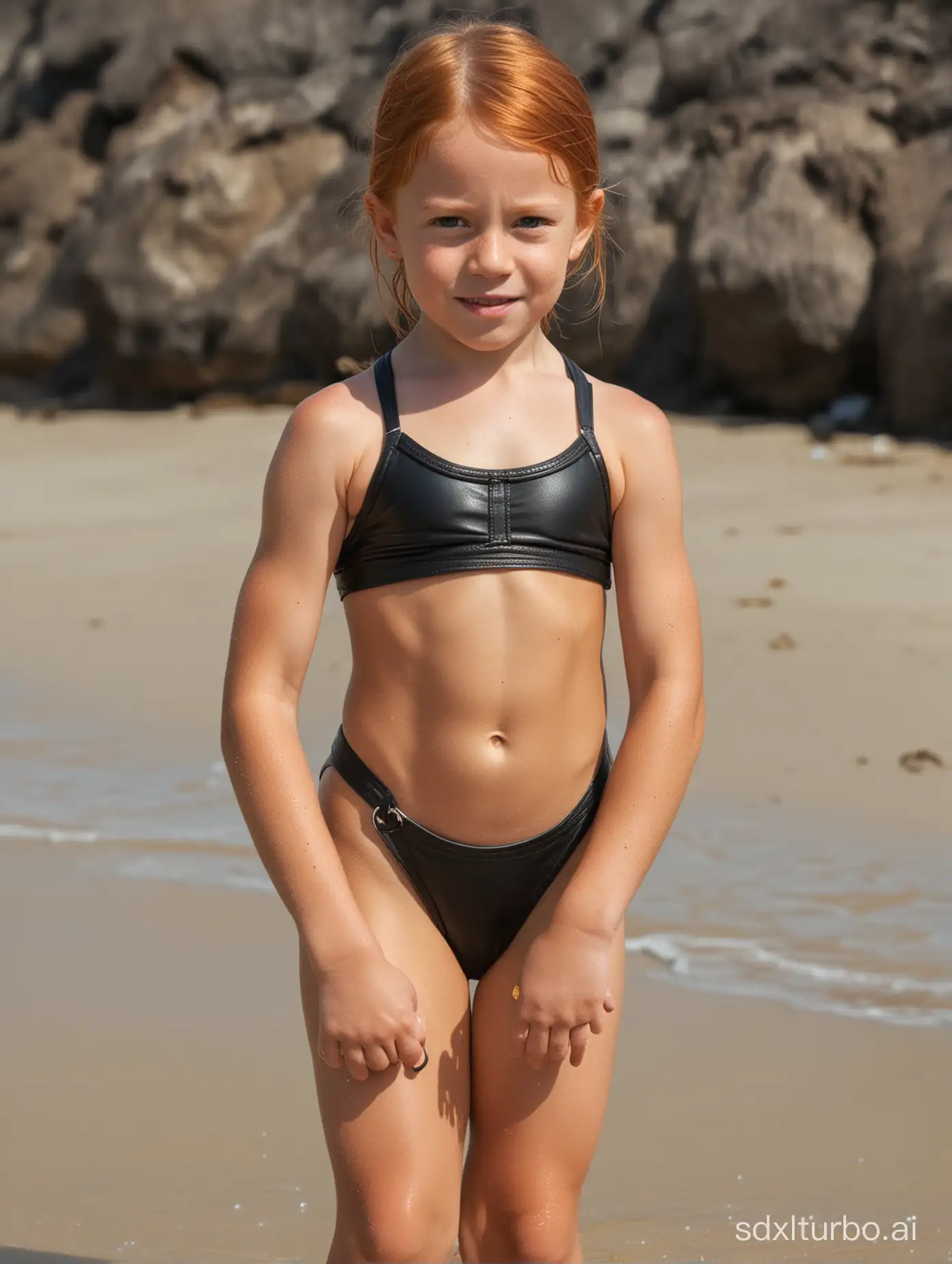 6 years old ginger hari girl, very muscular abs, string leather bathingsuit at Odesaa Beach