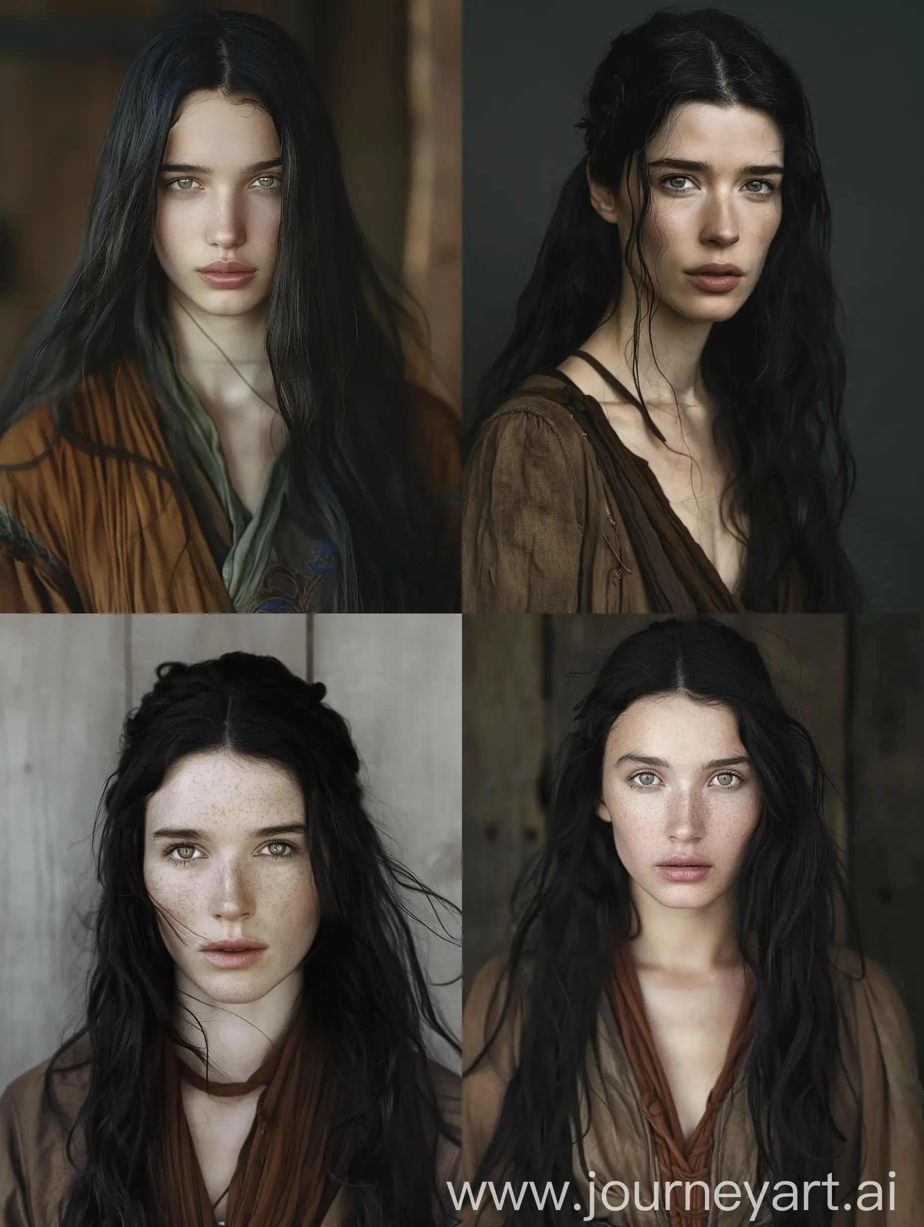 A woman who looks a lot like the actress Àstrid Bergès-Frisbey, except her nose is sharper and thinner. She has long black hair that is slightly wavy, grey-brown eyes, pale skin. She is not what you would call overly beautiful, but she has a natural handsomeness. She looks about 25 years old. She is wearing brown travel clothes like in a medieval fantasy world. She is not smiling. When She wants to, she can look very intimidating, not at all like a round-faced girl, but a fearsome warrior. She is slender though, and graceful.