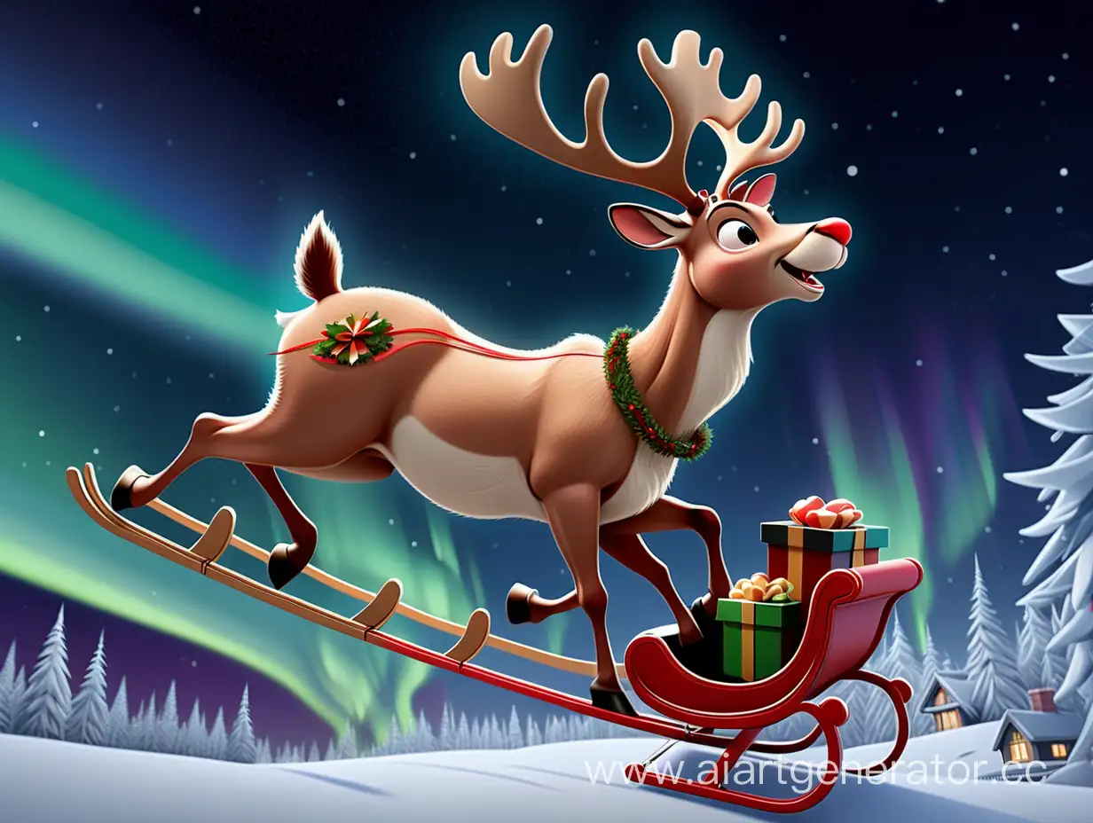 Disney AI poster 'Freddie’s Festive Flight': Capture a spirited reindeer soaring above a winter landscape, pulling a sleigh filled with gifts, under a sky lit by the Northern Lights and Christmas stars.