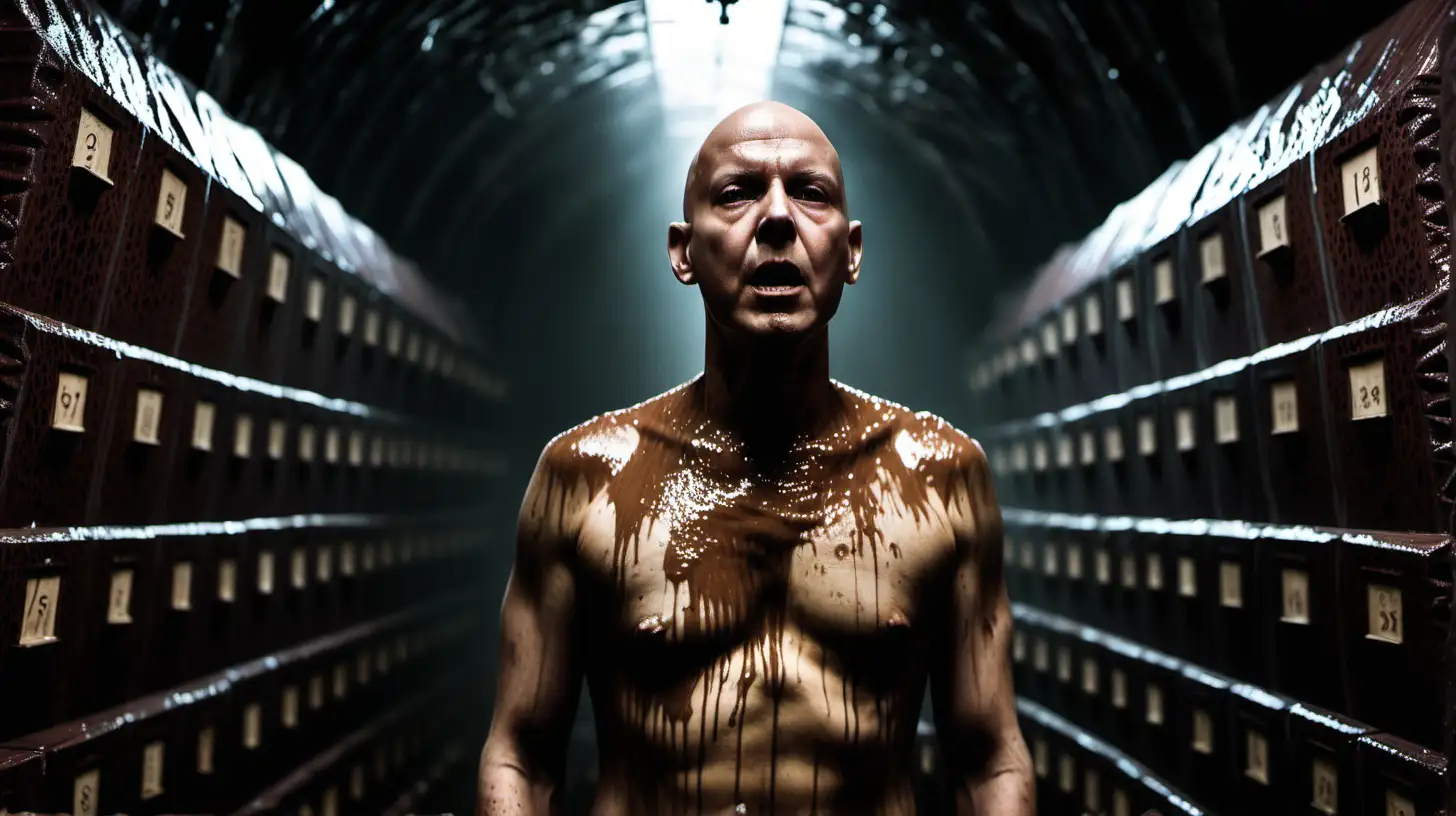 bald shirtless man covered in goo wondering dark tunnels, very high ceilings, walls stacked with coffins with numbers on them, scary