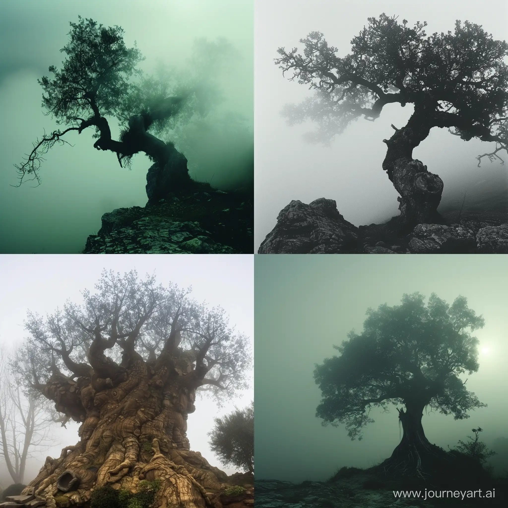 The image of a thousand-year-old tree is foggy.