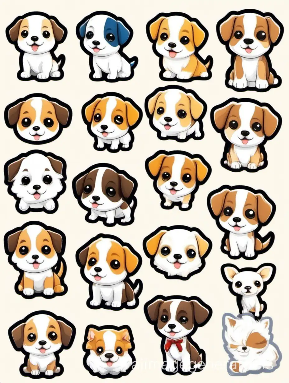 Cute puppy sticker pack, with white border, knolling layout, harmonious colors