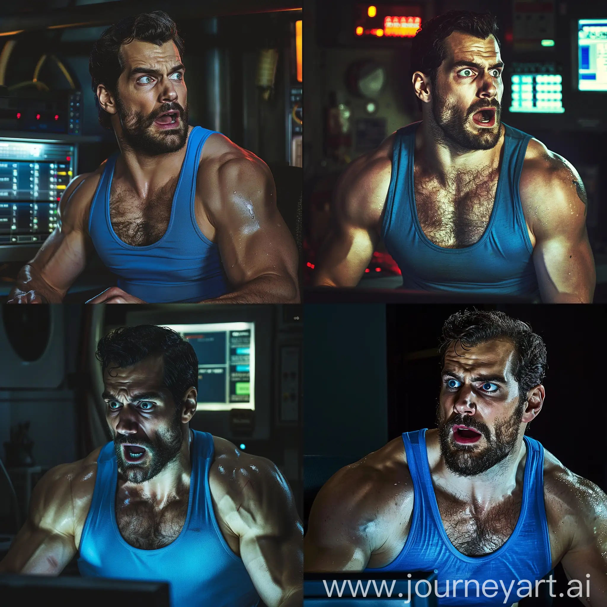 A photo of Good looking Henry Cavill wearing a blue tank top, sitting in front of a computer screen, burly muscular body, glistening skin, hairy pecs, hairy manly chest, handsome bearded Henry Cavill face, with a shocked surprised face expression, with his mouth agape, eyes white and blank, staring at the bright screen, dark room background with lights turned off, cinematic lighting