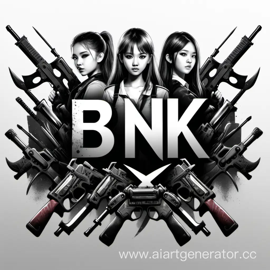 Draw a logo for the BNK in realistic style with many weapons and people 