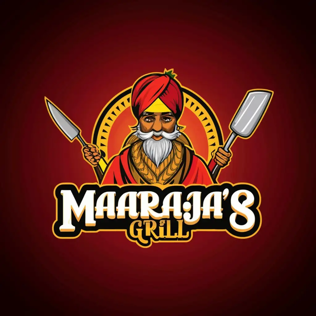 a logo design,with the text "Maharaja's Grill", main symbol:punjabi old sardar king warrior holding a knife and spectula,complex,be used in Restaurant industry,clear background